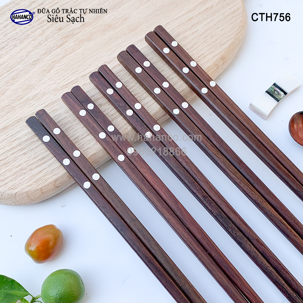 Đũa gỗ Trắc siêu sạch - CTH756 - Gỗ trắc khảm 3 chấm (10 Đôi/hộp) - HAHANCO