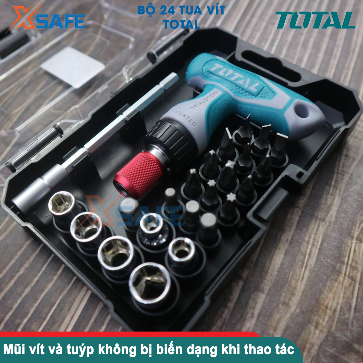 Bộ tua vít tự động 24 chi tiết TOTAL thép CR-V bộ tuốc nơ vít đa năng kèm đầu mũi vít và đầu tuýp chống gỉ sét dễ sử dụng TACSD30186