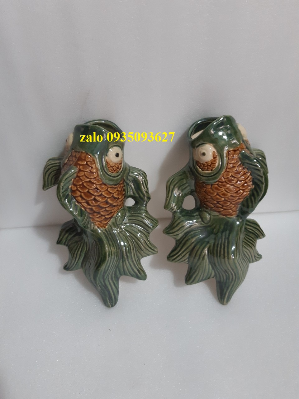 bình hoa treo tường, cặp cá men nâu treo tường