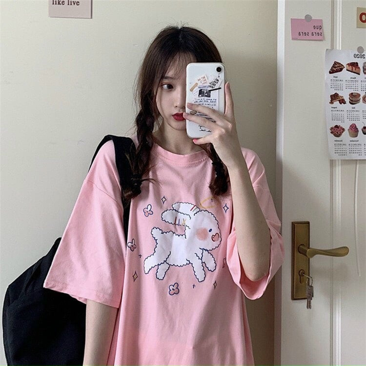 Áo thun form rộng tay lỡ họa tiết thỏ trắng siêu cưng dành cho Nam nữ TTML0057