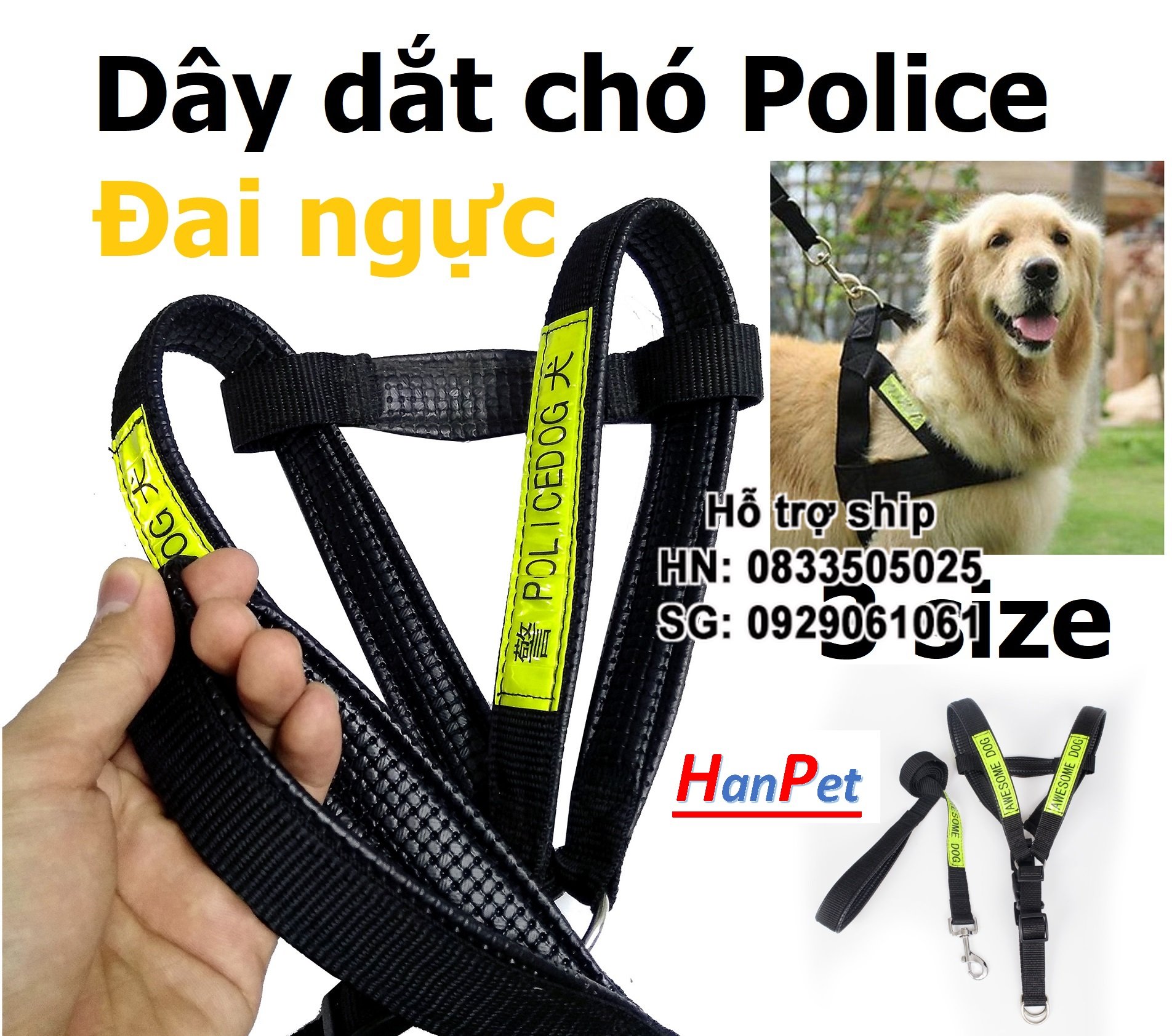 Hanpet - Dây dắt chó Police dog phản quang dây dắt kèm yếm đai yên ngựa cho chó c ảnh sát