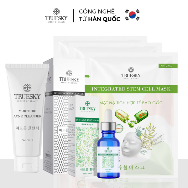 Bộ sản phẩm giảm mụn và phục hồi da mặt Truesky M02 gồm 1 serum tràm trà 20ml & 1 sữa rửa mặt than hoạt tính 60ml & 3 miếng mặt nạ dưỡng trắng da mặt cao cấp