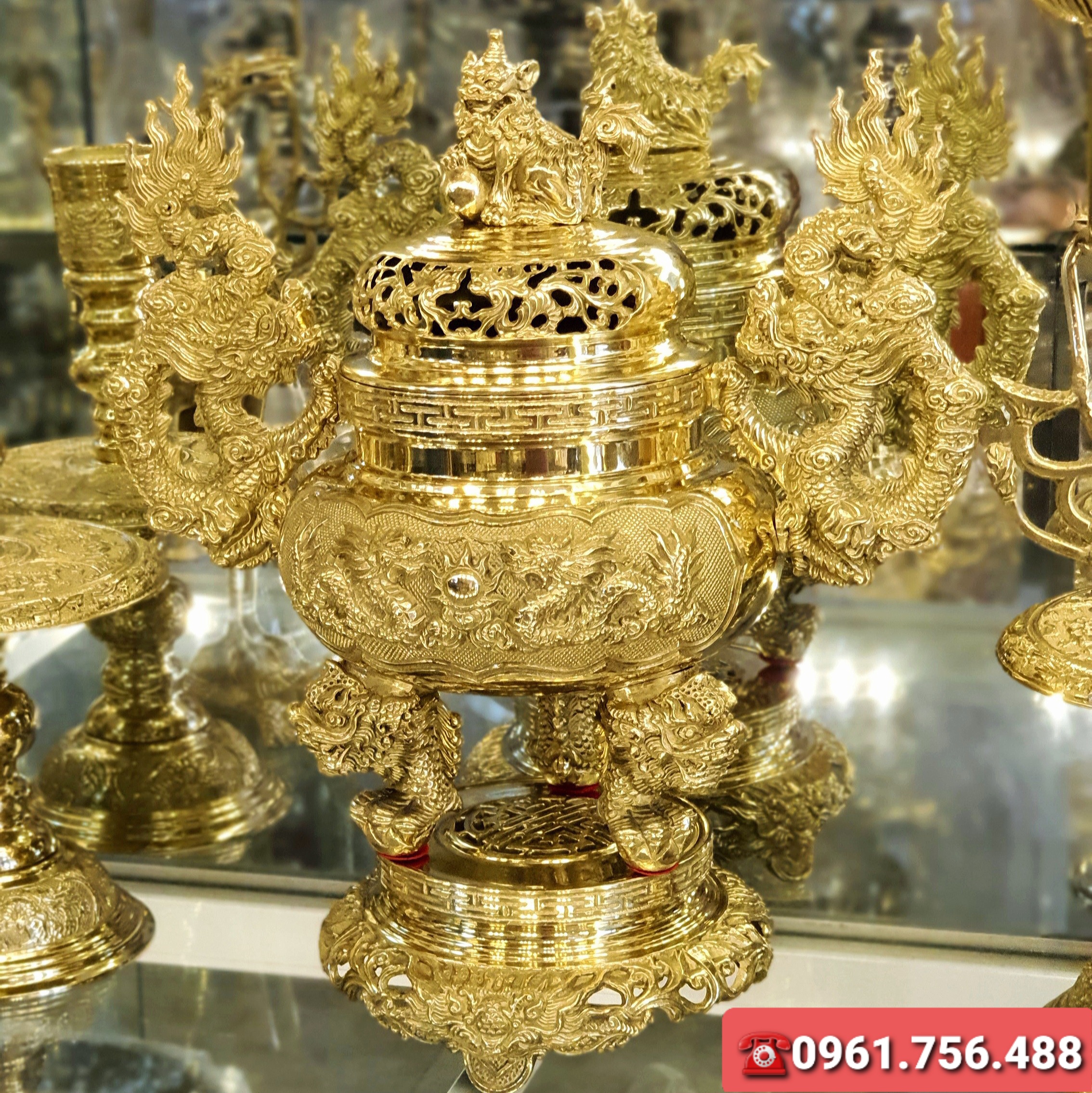 Bộ lư hương/đỉnh đồng vàng 50cm