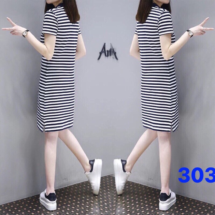 Đầm suông sọc cổ polo duyên dáng