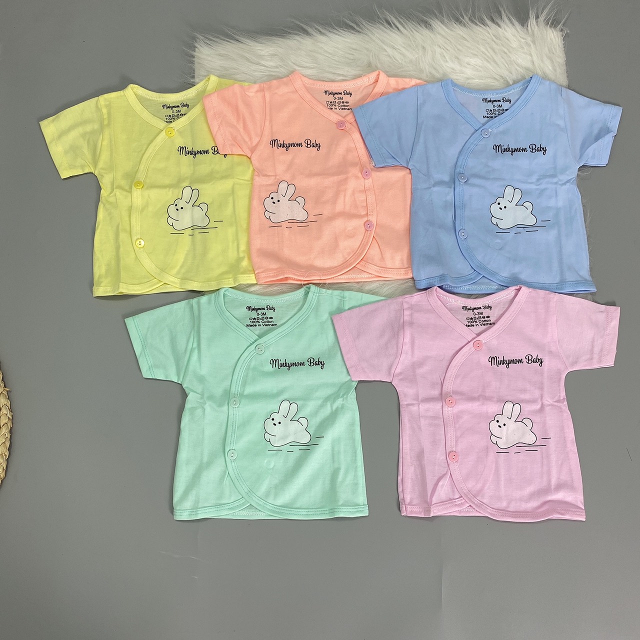 Combo 5 Áo cộc  tay Minky thỏ sơ sinh cổ tim cài chéo
