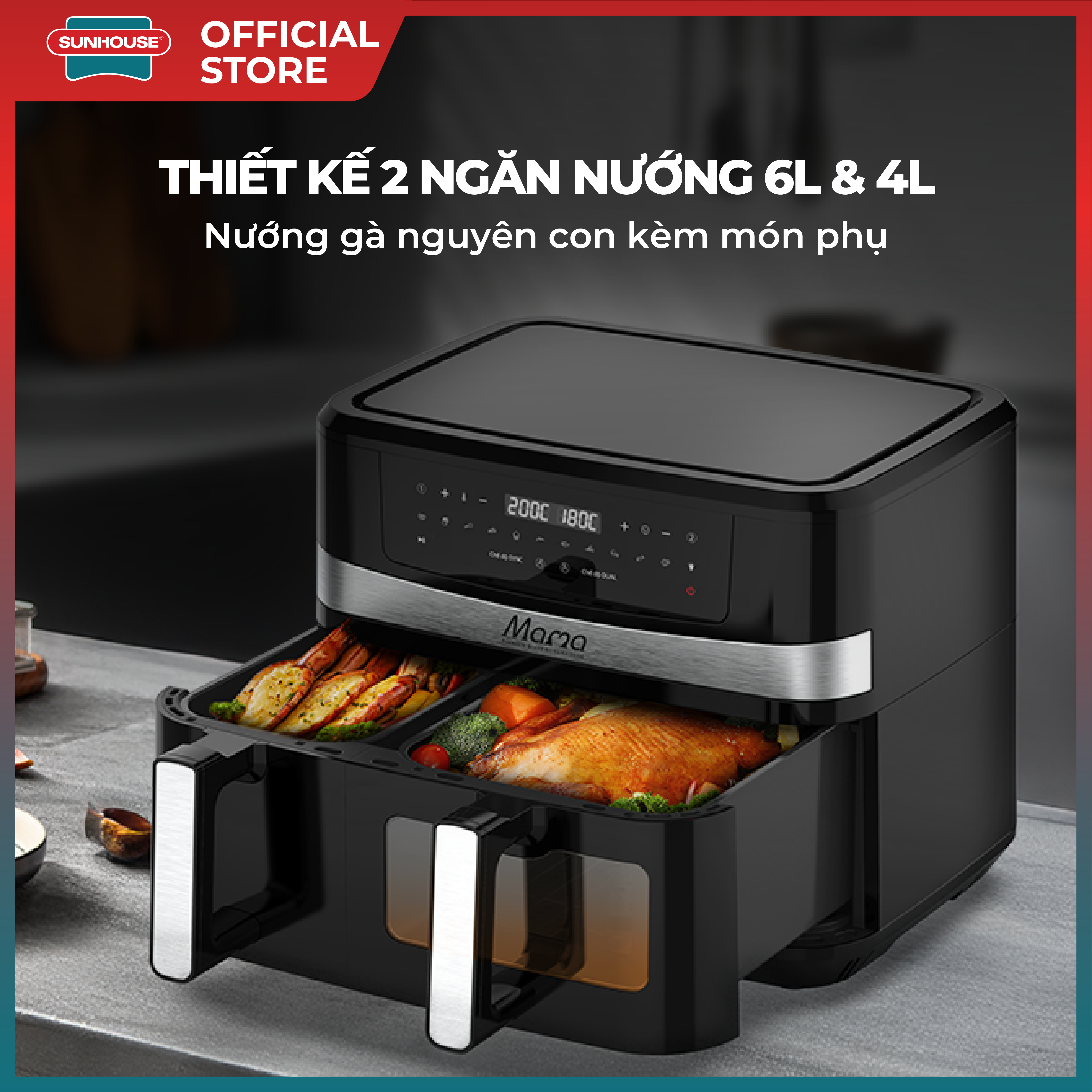 Nồi chiên không dầu 2 ngăn 10L Sunhouse Mama SHD4098 - Chế độ riêng - Tiết kiệm thời gian - Công nghệ Rapid Air - Hình ảnh 5