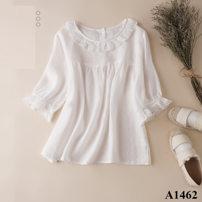 A1462-Áo Ramie Cổ Tròn Nhún Bèo
