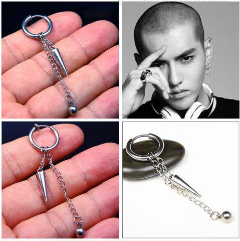 SET Bông Tai Nam Titan Dây Xích Dáng Dài Sỏ Phong Cách Hàn Kiểu Sỏ Lỗ Tai (2 Chiếc)
