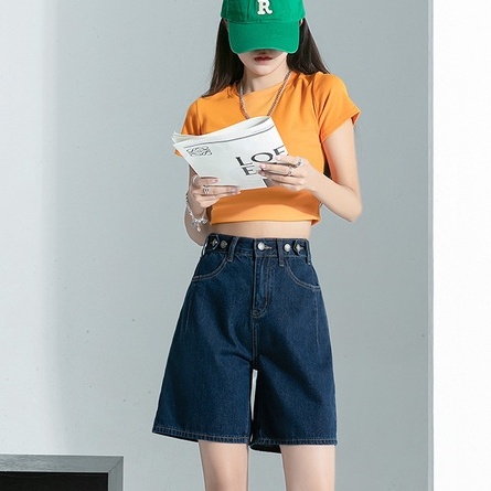 Quần short jean nữ đai nút chỉnh eo tiện lợi phong cách Ullzang có Bigsize