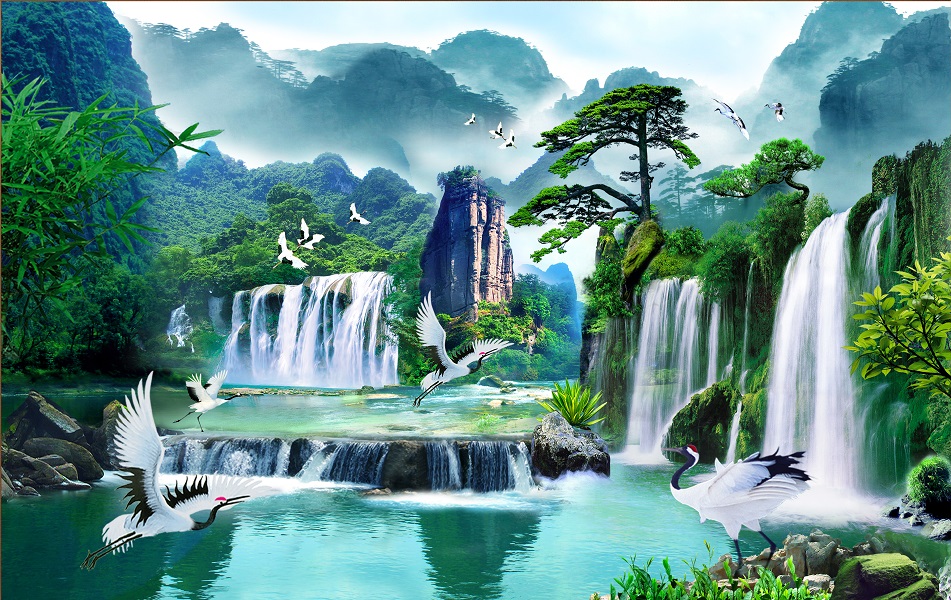 Tranh dán tường phong thủy Tùng hạc diên niên VTC LunaTM-0100 phủ kim sa