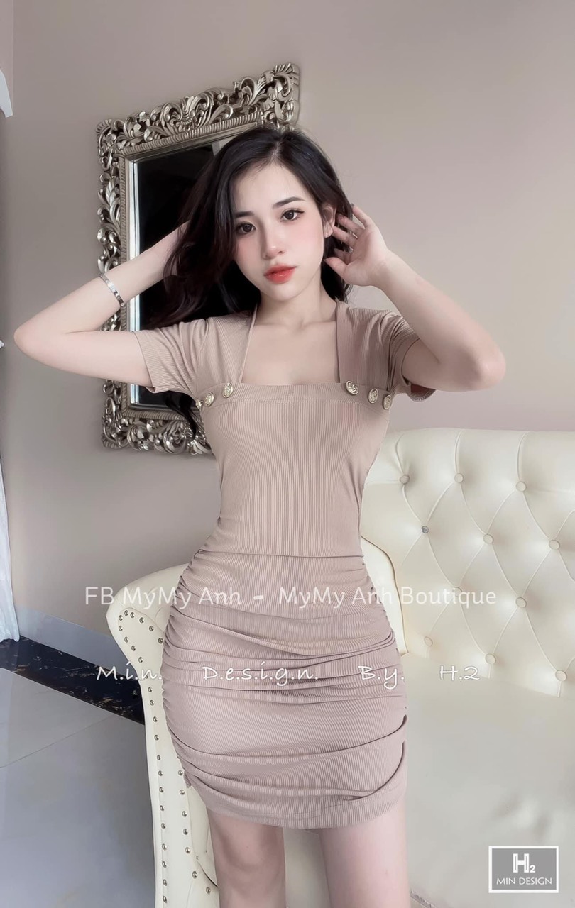 Váy body nữ cổ vuông nhún sườn, đầm ôm cộc tay đan chéo lưng
