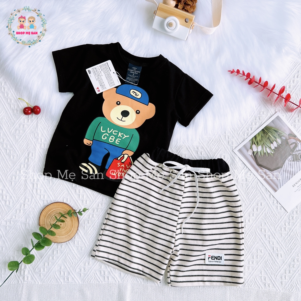Bộ cộc tay bé trai bộ hè bé trai hàng xuất dư chất liệu vải cotton mềm thoáng mát hình gấu dễ thương