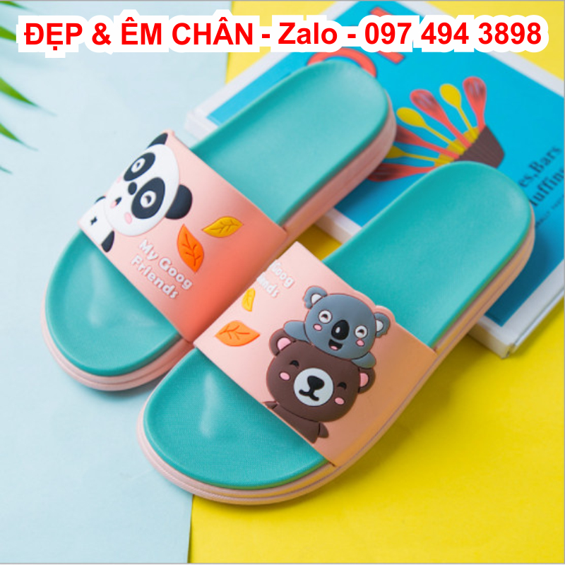 Dép lê nữ quai ngang hình gấu trúc dễ thương cao su tổng hợp ép nguyên khối mềm dẻo chống trơn trượt hiệu quả cho nhà tắm không thấm mồ hôi chân