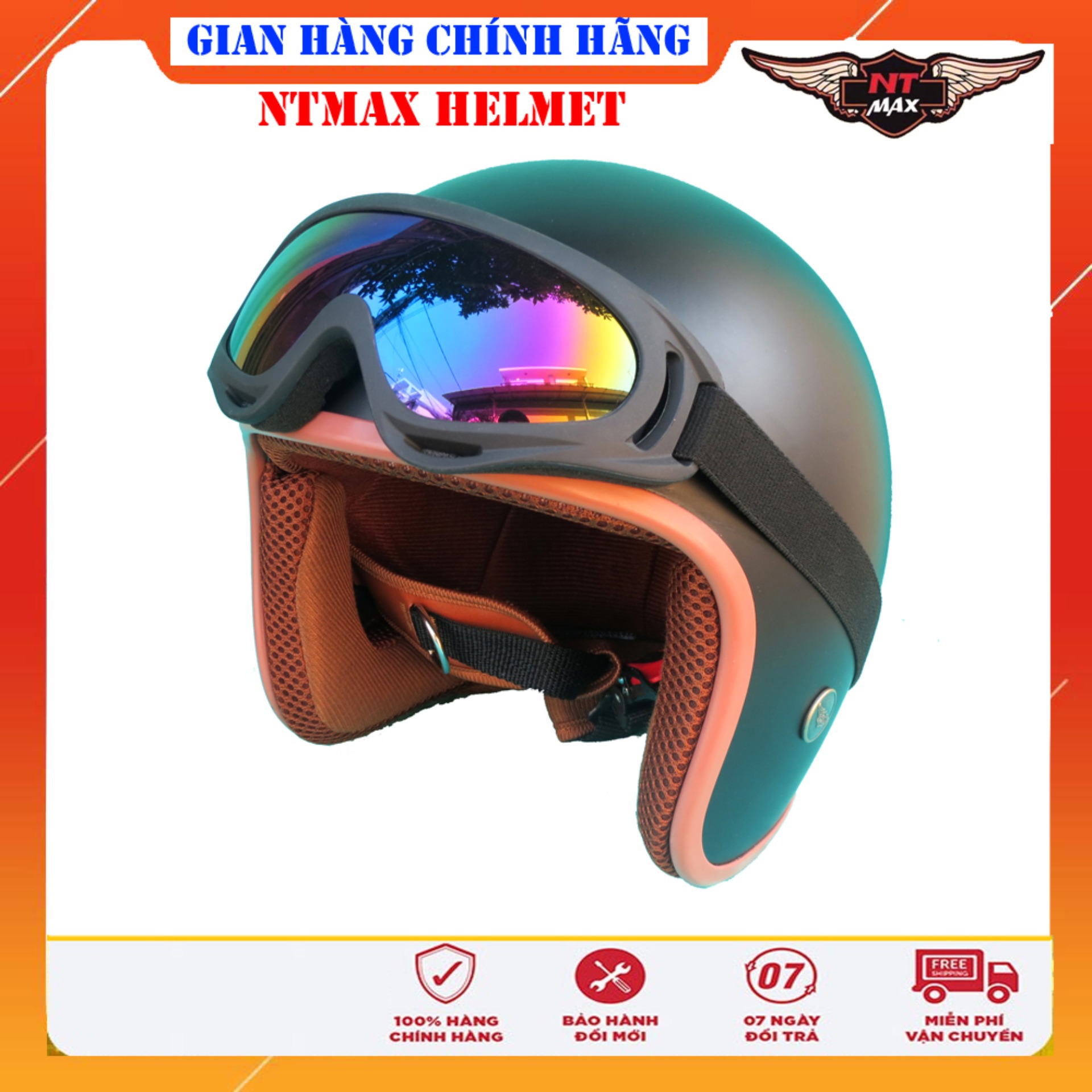 Mũ bảo hiểm NTMAX 3/4 đen viền nâu nhám kính uv400