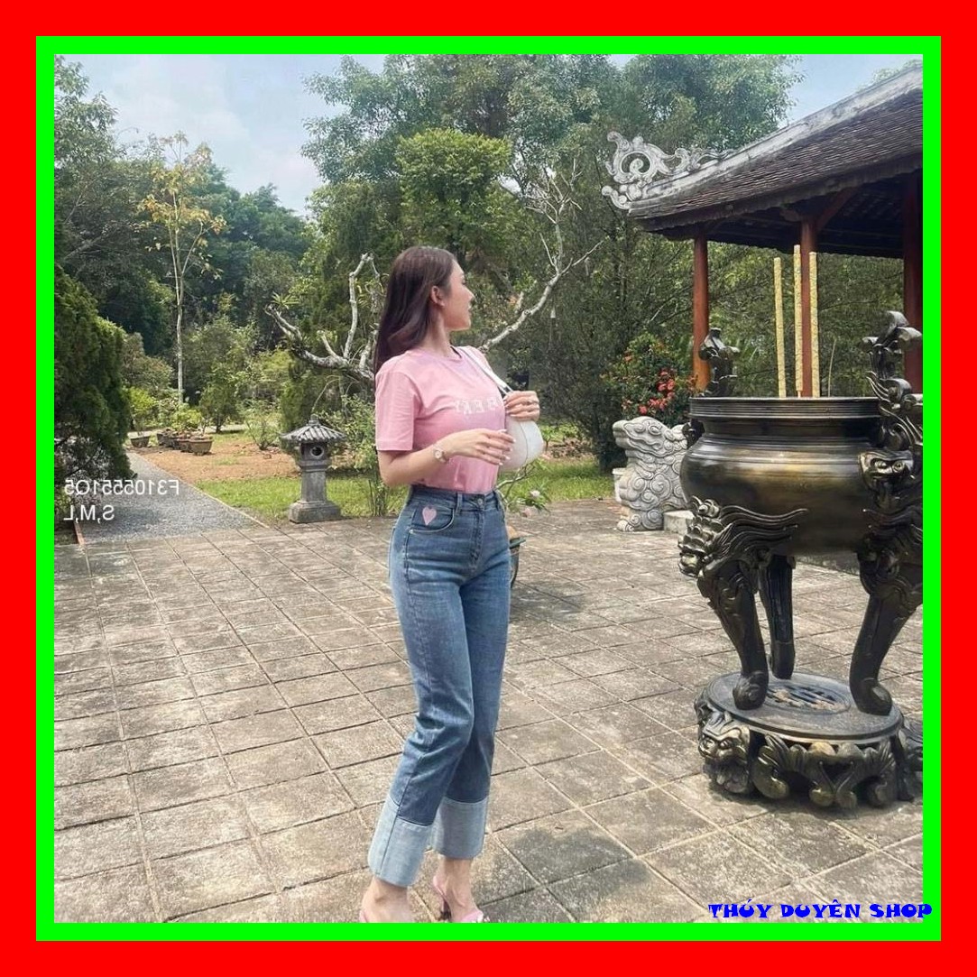 Quần jeans nữ ống suông LÊN LAI hình TIM xanh cạp cao vừa siêu tôn dáng, quần bò jeans ống rộng lưng cao, chất bò xịn