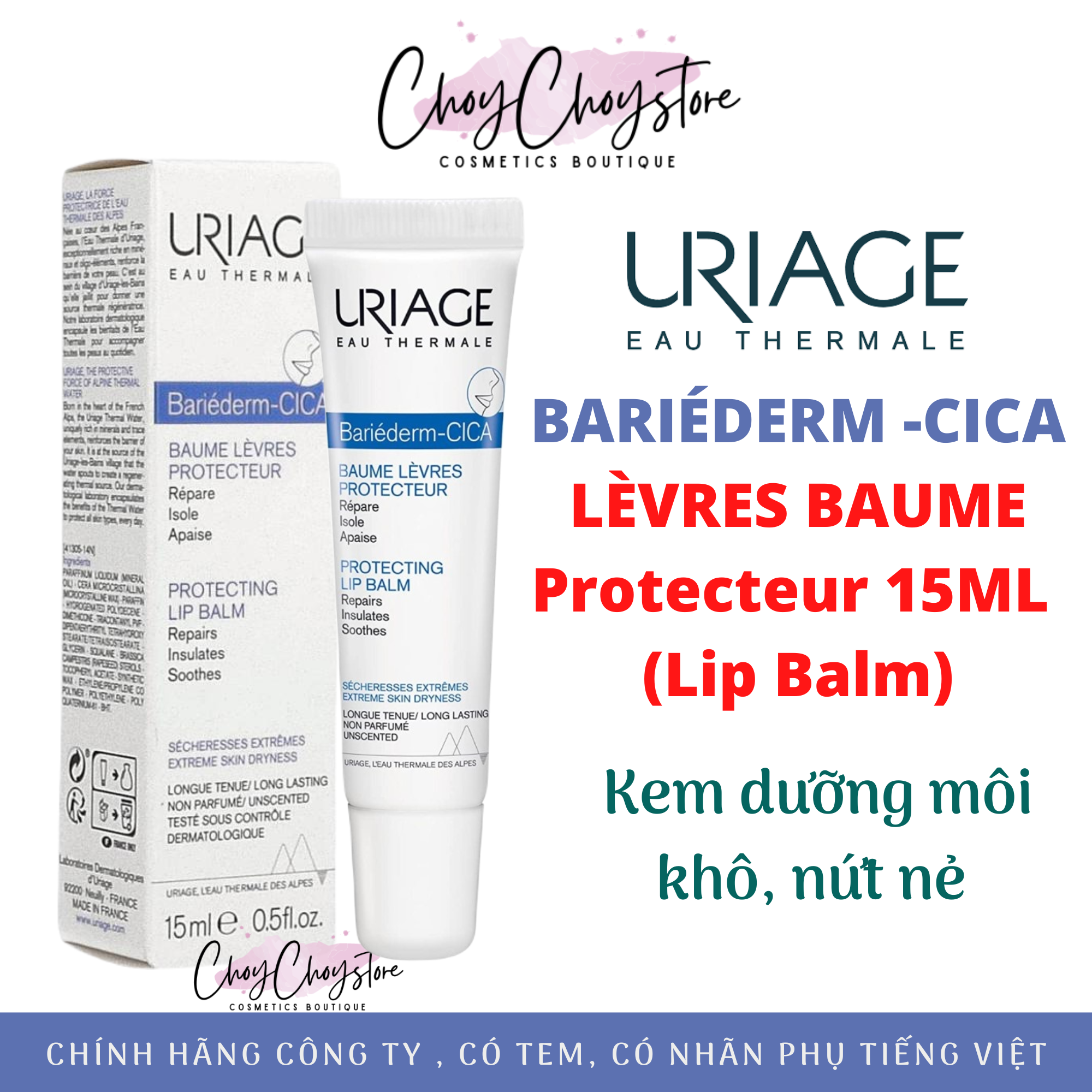 Kem chăm sóc môi Uriage Bariederm Cica Lips Protecting Balm 15mL - Kem chăm sóc môi khô nứt nẻ
