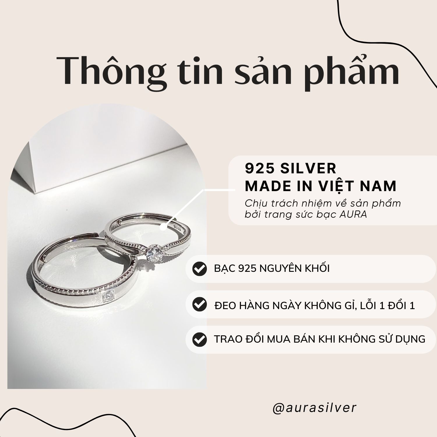 Nhẫn đôi bạc nam nữ Aura, nhẫn cặp Beloved-ND1