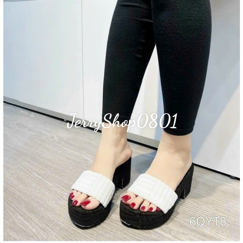 Dép guốc cao gót nữ 7p quai ngang bọc vải nỉ trendy