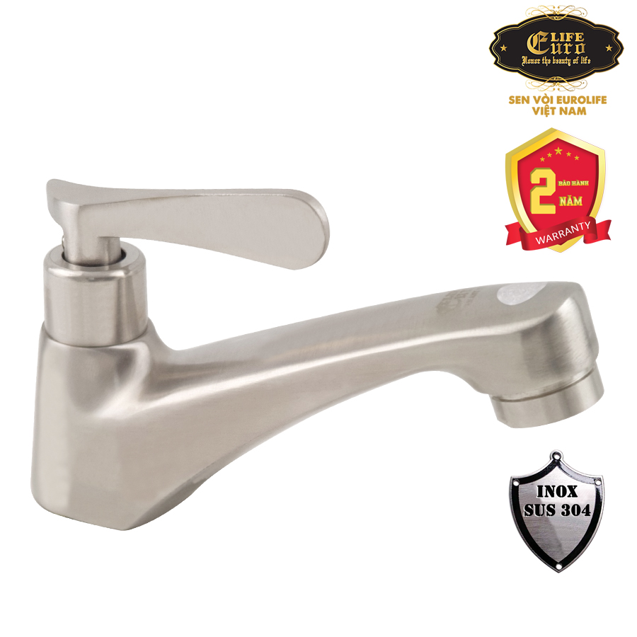 Vòi lavabo lạnh Inox SUS 304 Eurolife EL-122 (Trắng vàng)