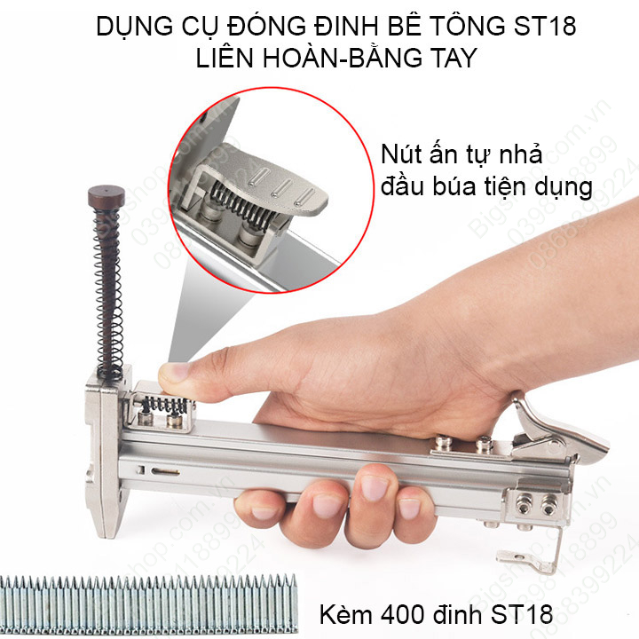 Dụng cụ hỗ trợ đóng đinh bê tông thông minh liên hoàn kèm 400 đinh ST18 (nút ấn tự nhả đầu búa-Loại tốt)