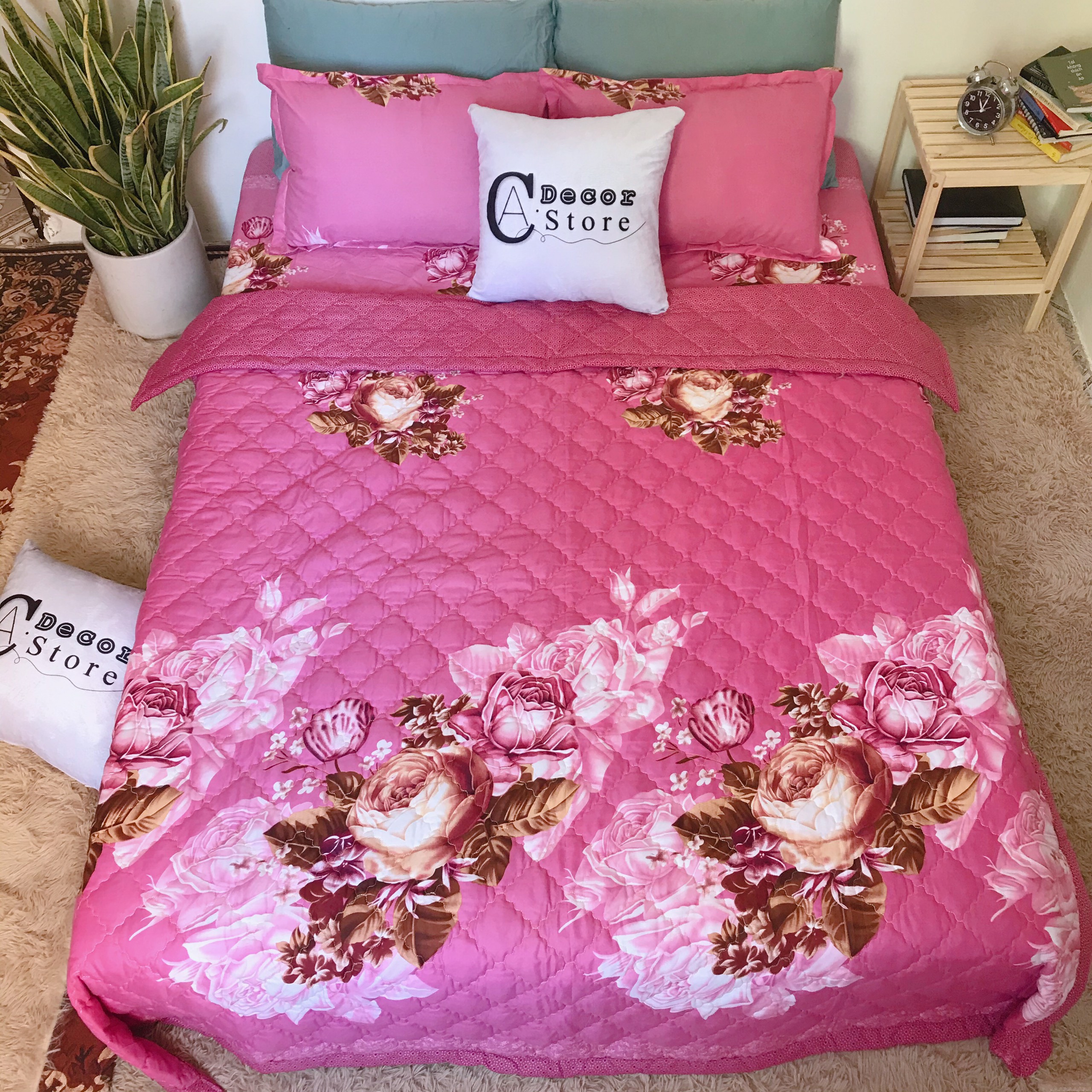 Bộ Chăn Ga Gối Cotton Poly Chùm Hồng, Chất Liệu Thoáng Mát , Kích Cỡ Đa Dạng , By. C.A Decor Store