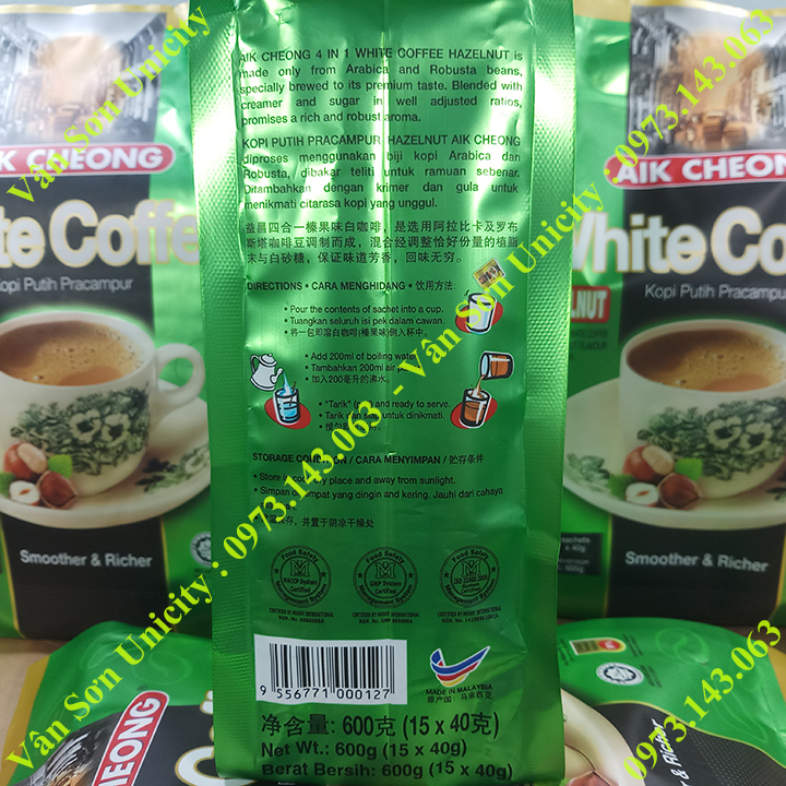 Cà phê trắng vị Hạt Phỉ (Hazelnut) Aik Cheong bịch 600g (15 gói dài x 40g)