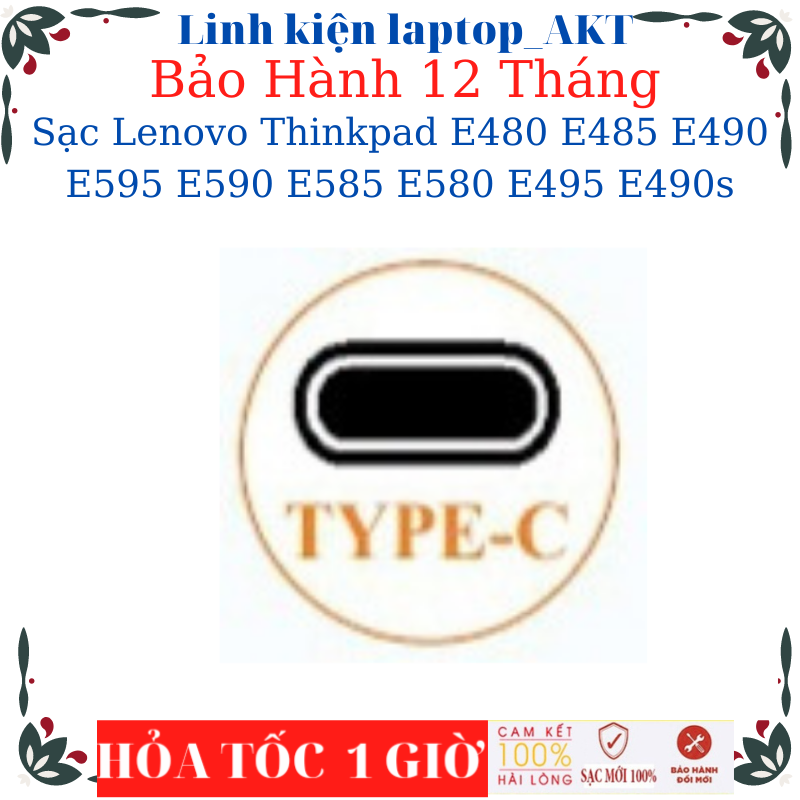 Sạc dùng cho Laptop Lenovo Thinkpad E480 E485 E490 E595 E590 E585 E580 E495 E490s- Sạc Lenovo 20V-3.25A-65W Type C