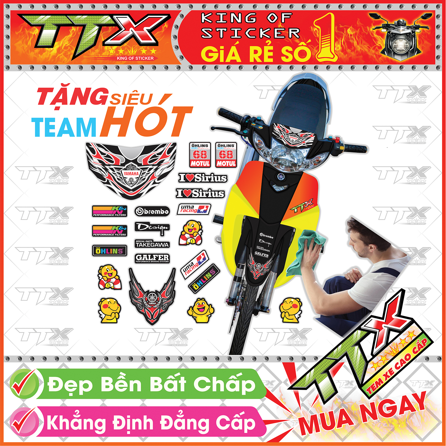 Tem Xe Sirius Đen Đỏ - Tem Sirius Lửa Đỏ Siêu Đẹp - Mẫu Team Sirius Đỏ Đen