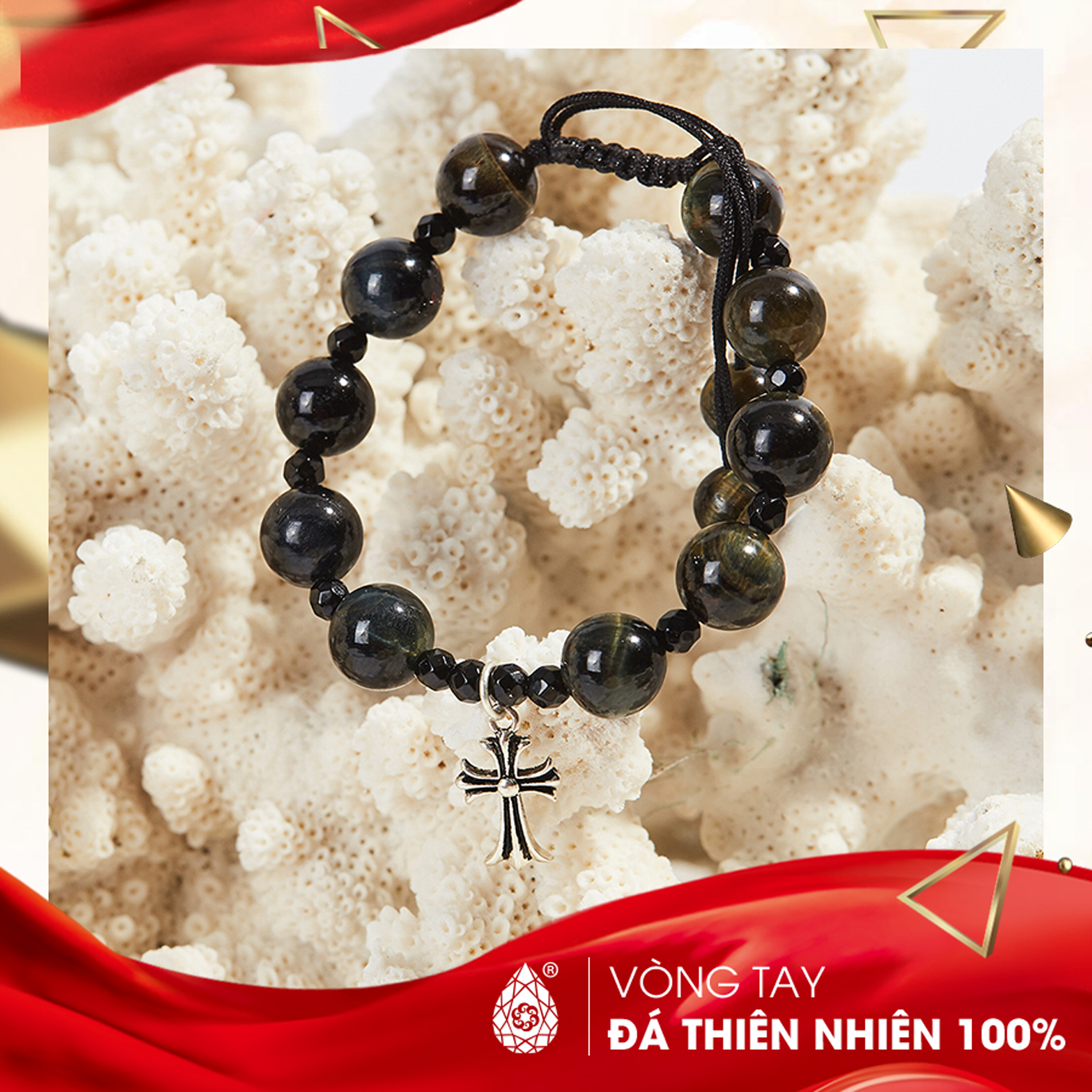 [HCM]Vòng chuỗi mân côi đá Mắt Hổ Xanh Đen 10mm mix charm Thánh Giá - Ngọc Qúy Gemstones