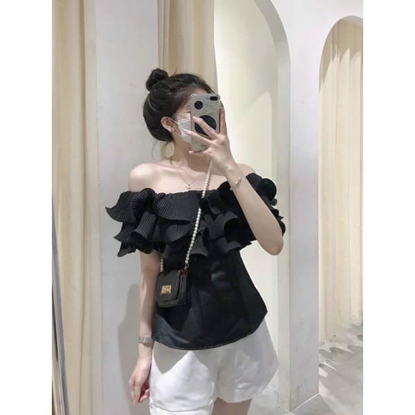 [HÀNG ĐẸP] Set Áo Bẹt Vai Bèo Ngực Trắng Đen