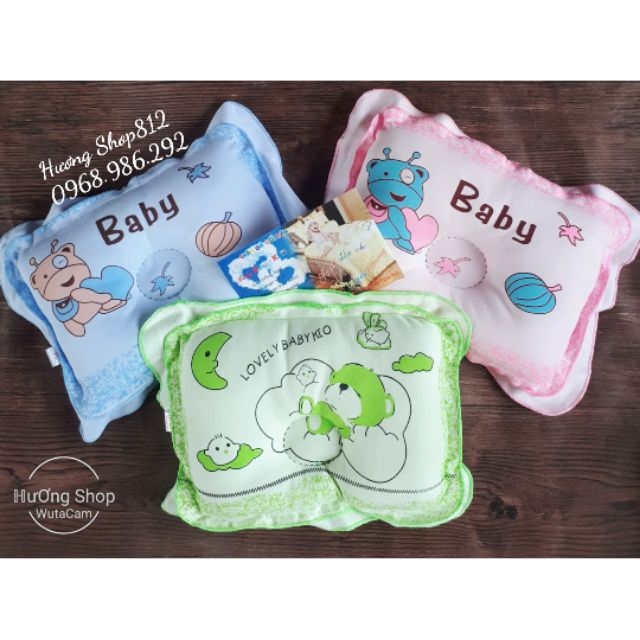 Gối lõm cotton Kio chống méo đầu cho bé, viền bèo cho bé