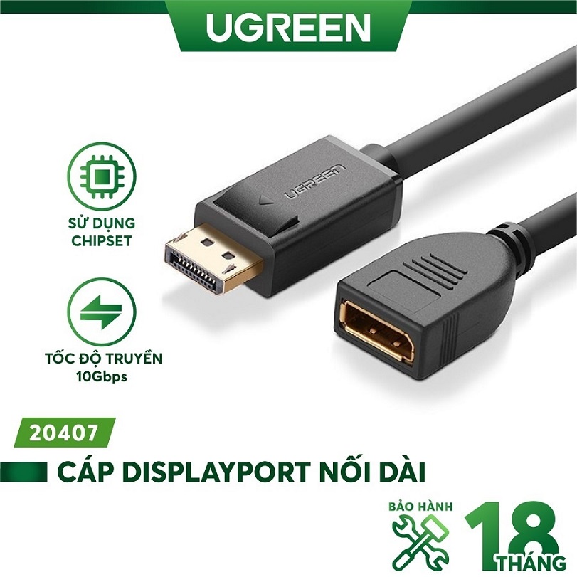 Cáp displayport nối dài 1 đầu đực sang 1 đầu cái dài 25cm ugreen 20407 - bảo hành