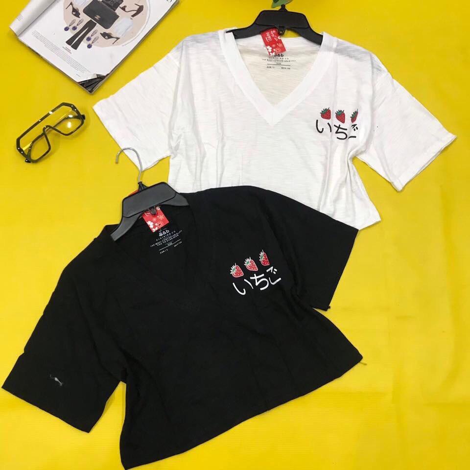 Áo Thun Lụa Cổ Tim Form Croptop In Hình Trán Dâu Cá Tính TTS0494