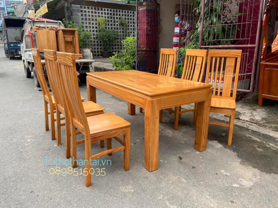 Bàn ăn 6 ghế nan chân vuông - Gỗ Gõ Đõ