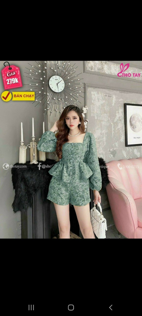 Set bộ nữ gấm tay dài xòe eo quần đùi cổ vuông #setbonugamquandui