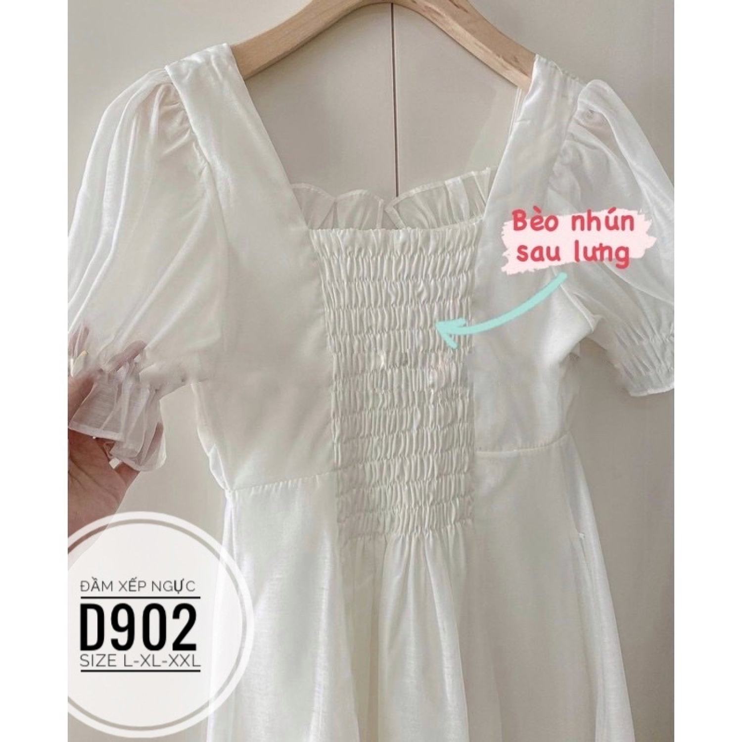 (60-90kg)BIGSIZE Đầm trắng xếp ngực D902