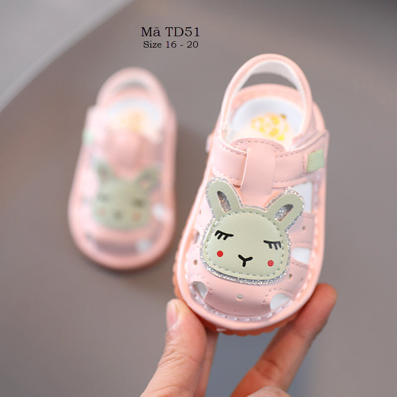 Dép tập đi cho bé gái có còi chíp chíp da mềm quai dán tiện dụng - Giày tập đi cho bé họa tiết thỏ ngộ nghĩnh đáng yêu TD51
