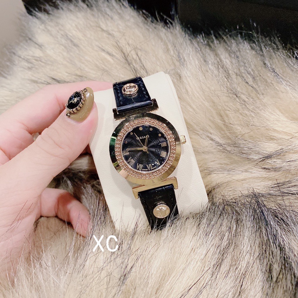 Đồng hồ nữ cao cấp, đồng hồ đeo tay thời trang versace dây da mặt viền thép chống nước,kính hardlex sang trọng