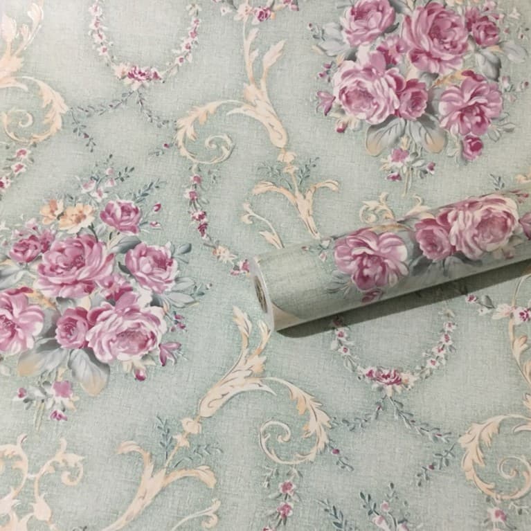 Giấy dán tường hoa văn cổ điển xanh ( cuộn dài 10m khổ rộng 45cm, có sẵn keo)