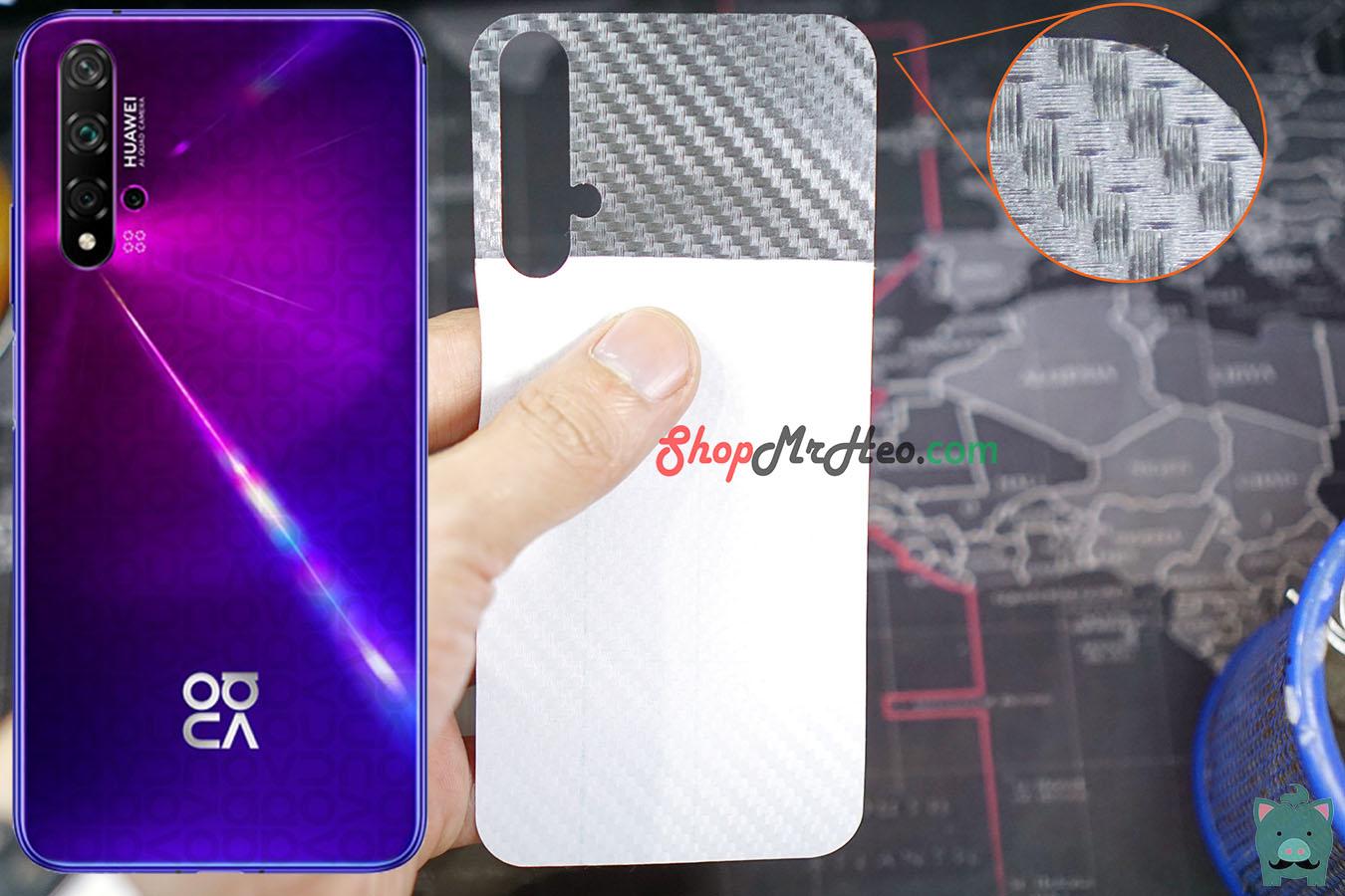 Bộ 3 SKin Dán Mặt Sau Lưng Vân 3D Huawei Nova 5T - Honor 20 - Carbon, Hình Hộp, Nhám