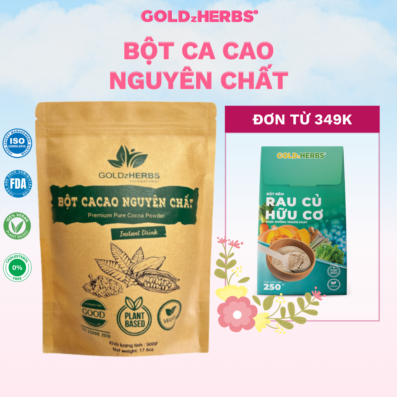 Bột cacao nguyên chất GoldzHerbs – 100% từ ca cao tự nhiên – Túi 500g