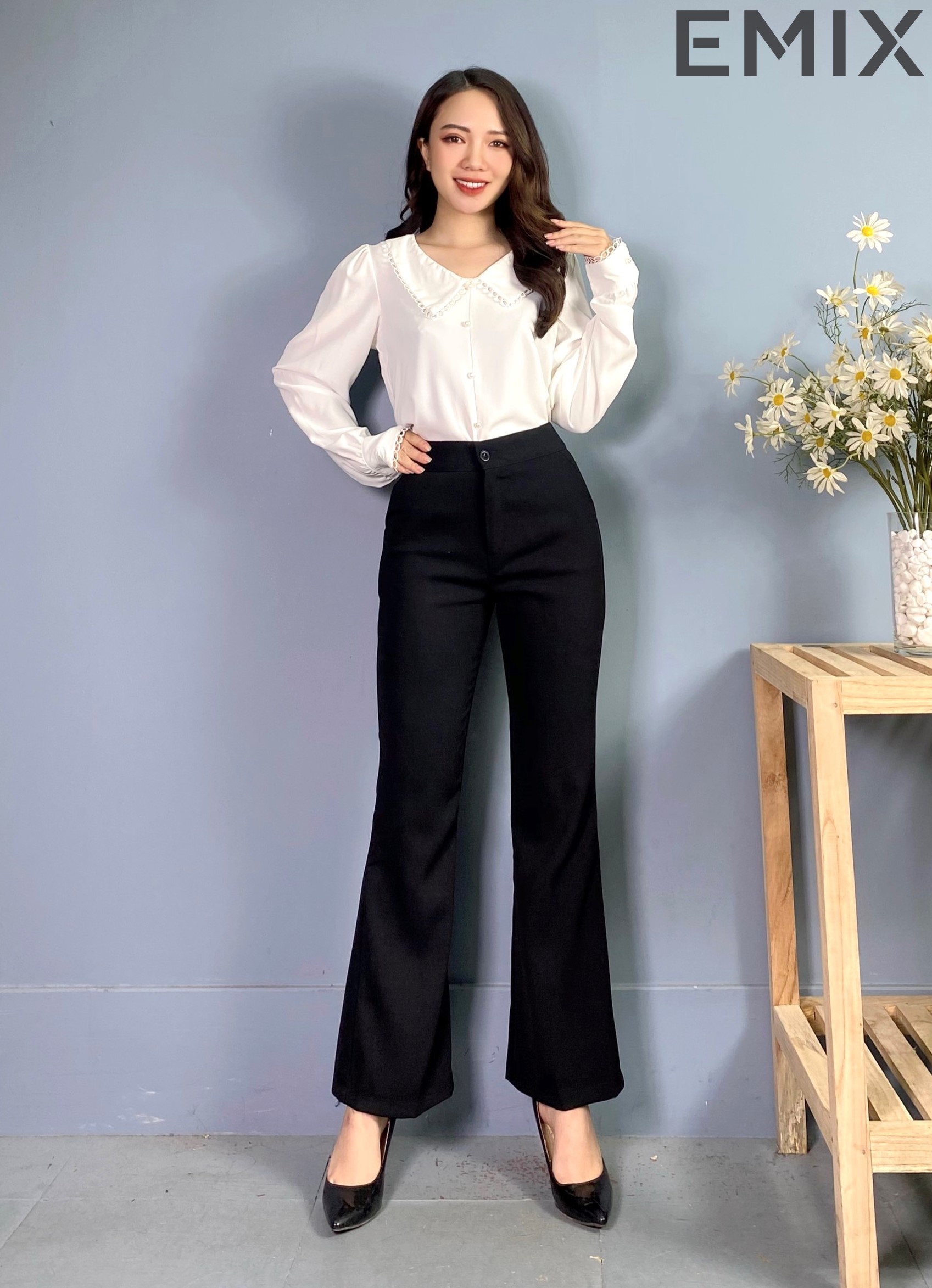 Quần tây nữ ống loe công sở cơ bản EMIX (3 màu), dáng dài 92cm, cạp cao, vải tuyết mưa mềm mịn, co giãn nhẹ, không nhăn