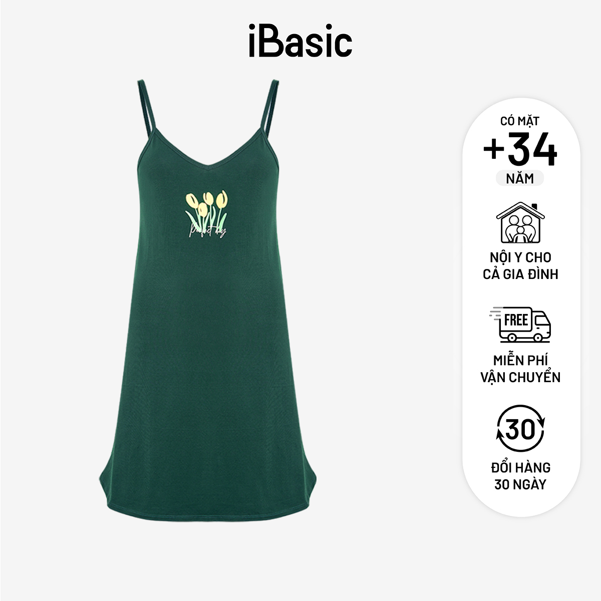 Đầm ngủ hai dây thun Cotton in hoạ tiết phía trước iBasic SW007