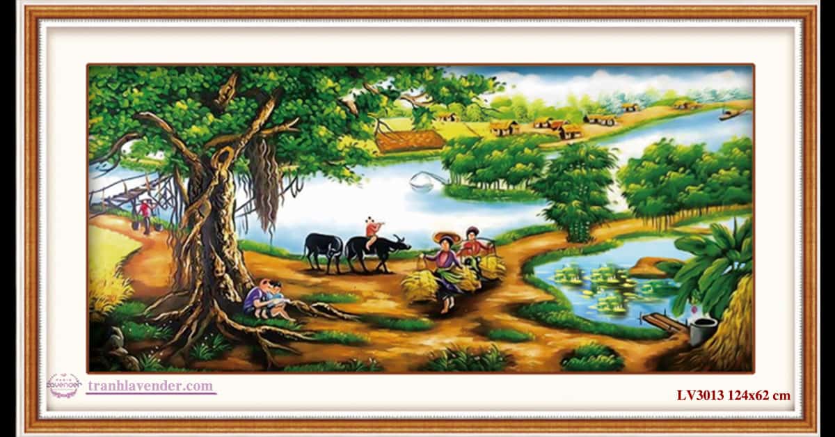Tranh thêu chữ thập Cây Đa Đầu làng LV3013 Kích thước 124x62cm