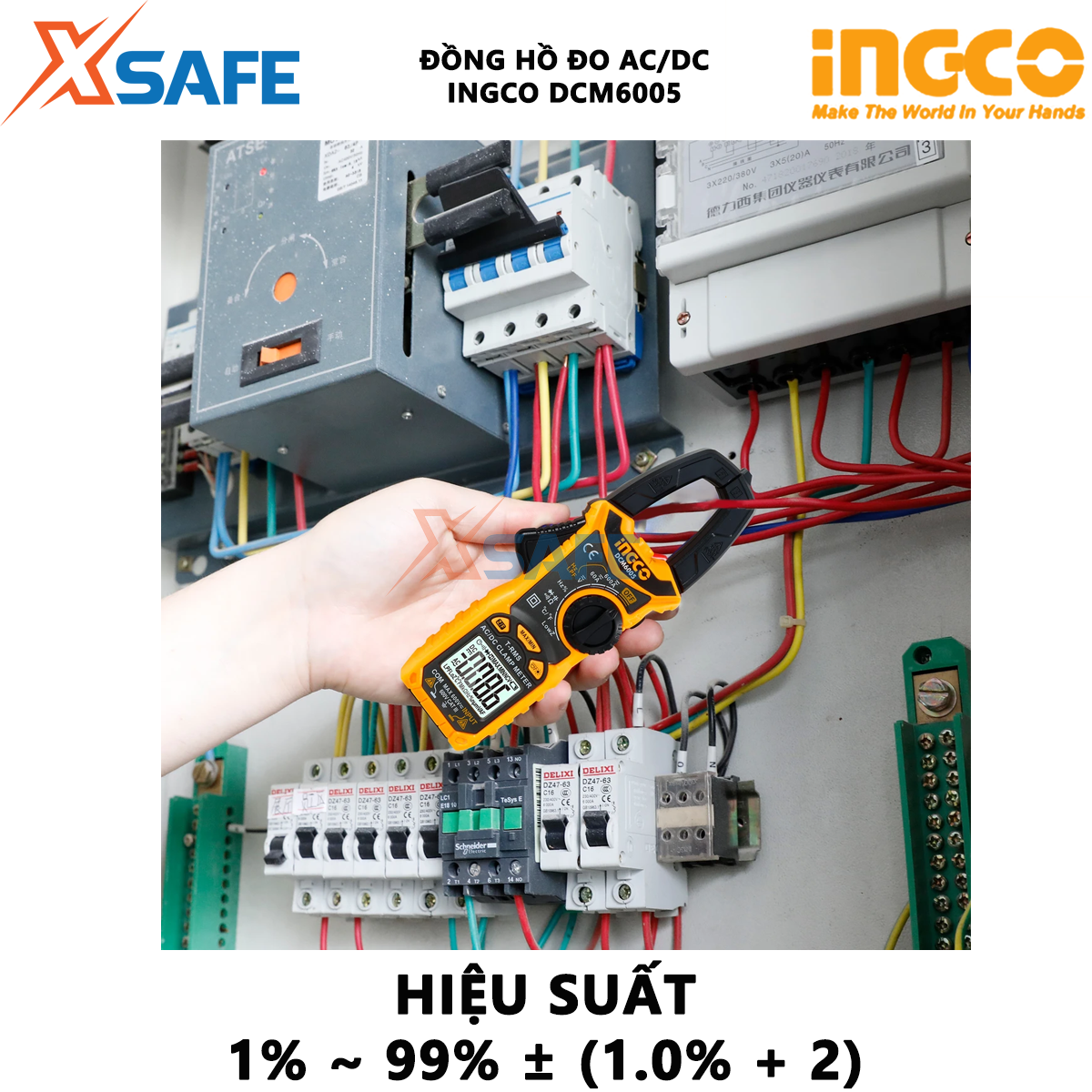 Đồng hồ kẹp AC/DC INGCO DCM6005 | Ampe kìm AC/DC 6000 số đếm / Giữ dữ liệu Dòng điện một chiều 60A / 600A ± (2,5% + 5) Hiệu suất 1% ~ 99% ± (1.0% + 2) sử dụng để đo dòng điện, điện áp hoặc điện trở