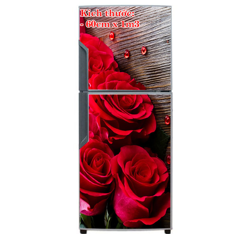 Decal trang trí tủ lạnh mẫu hoa hồng đỏ 2. Decal in trên chất liệu PVC, có keo sẵn ở mặt sau, chỉ cần lột ra và dán.
