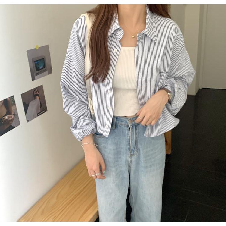 Áo sơ mi croptop tay dài kẻ sọc thêu họa tiết thời trang mùa hè xinh xắn dành cho nữ
