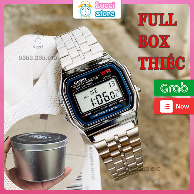 Đồng hồ casio điện tử A159, đồng hồ nam nữ dây thép không gỉ cao cấp full box thiếc