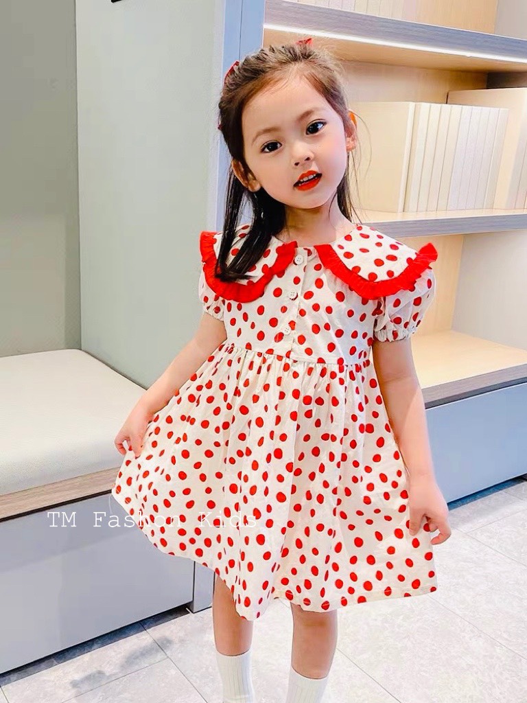 Váy bé gái - Váy cổ sen họa tiết chấm bi