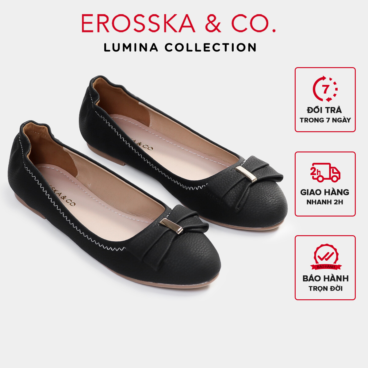 Erosska Lumina - Giày búp bê nữ đế bệt mũi tròn đính nơ xinh xắn màu đen - EF020